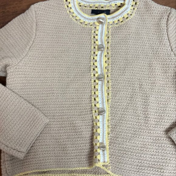 ANN TAYLOR CROTCHET TRIM TAN GOLD BUTTON SWEATER JACKET NWOT $169 L - Picture 9 of 12